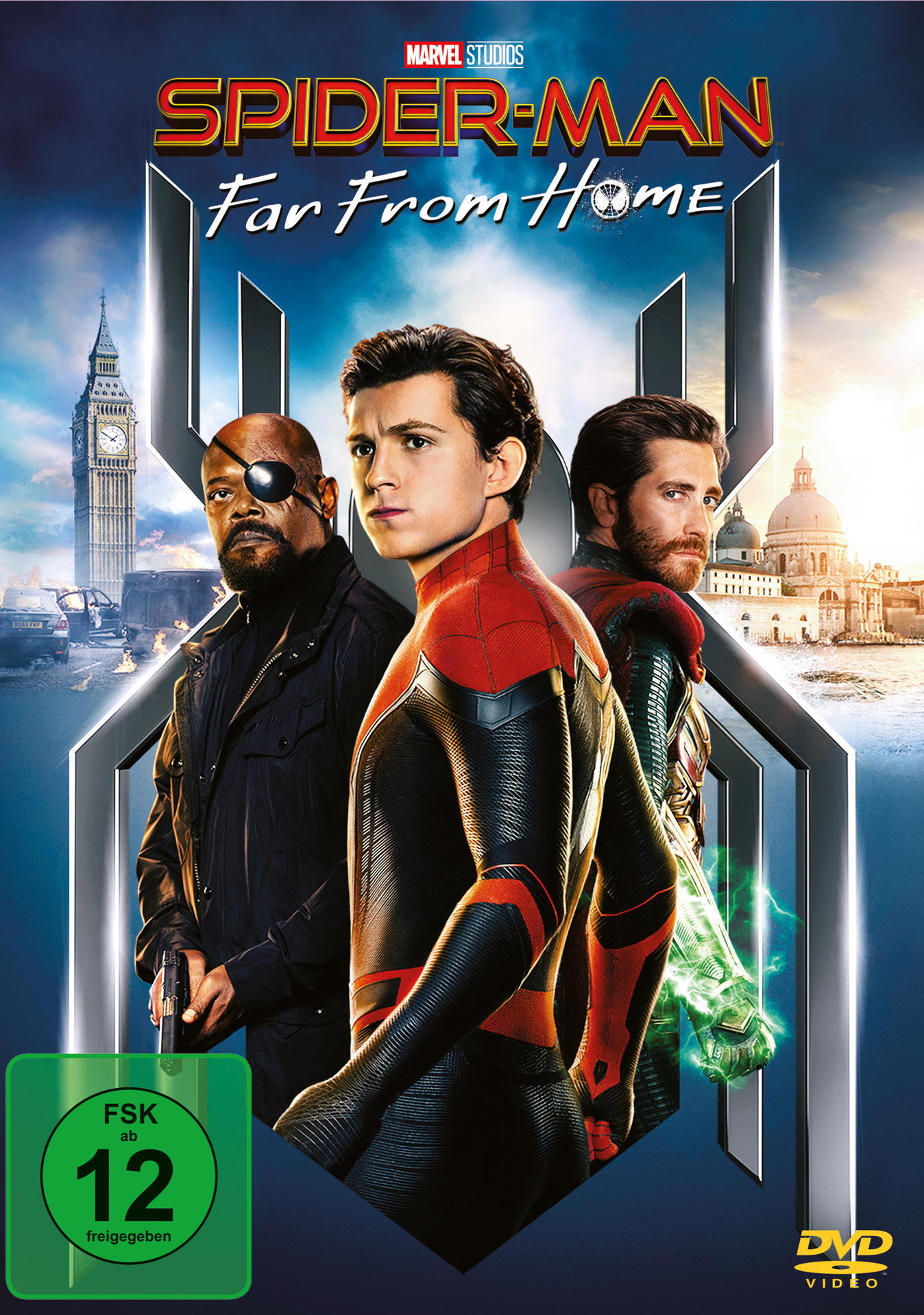 Filmposter für Spider-Man: Far From Home. Zeigt Spider-Man, Nick Fury und Mysterio vor einer Stadt.