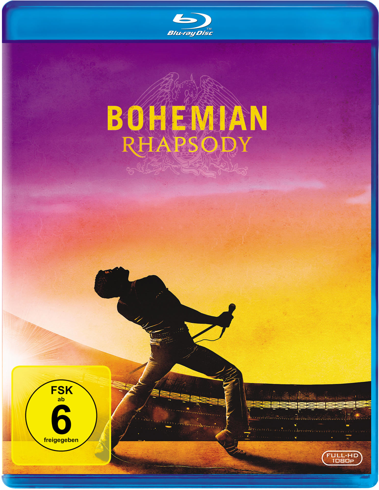 Bohemian Rhapsody Blu-ray Disc. Ein Mann singt auf der Bühne. Das Cover hat einen FSK 6-Aufkleber und ein Blu-ray Disc-Logo.