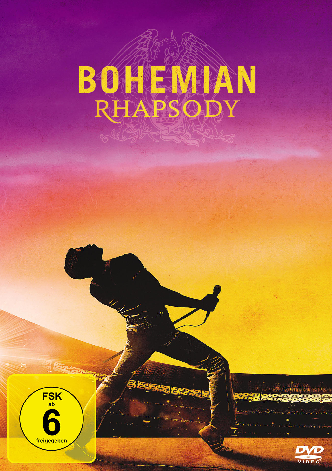 DVD-Cover für 'Bohemian Rhapsody' mit einer Silhouette von Freddie Mercury auf der Bühne.