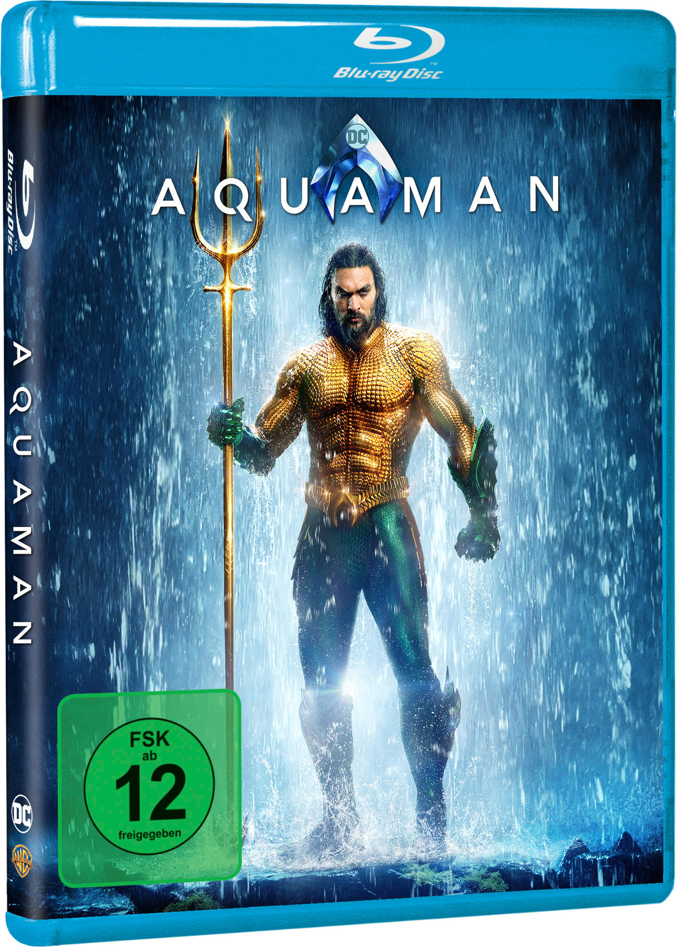 Aquaman Blu-ray-Cover. Jason Momoa als Aquaman mit einem goldenen Dreizack.