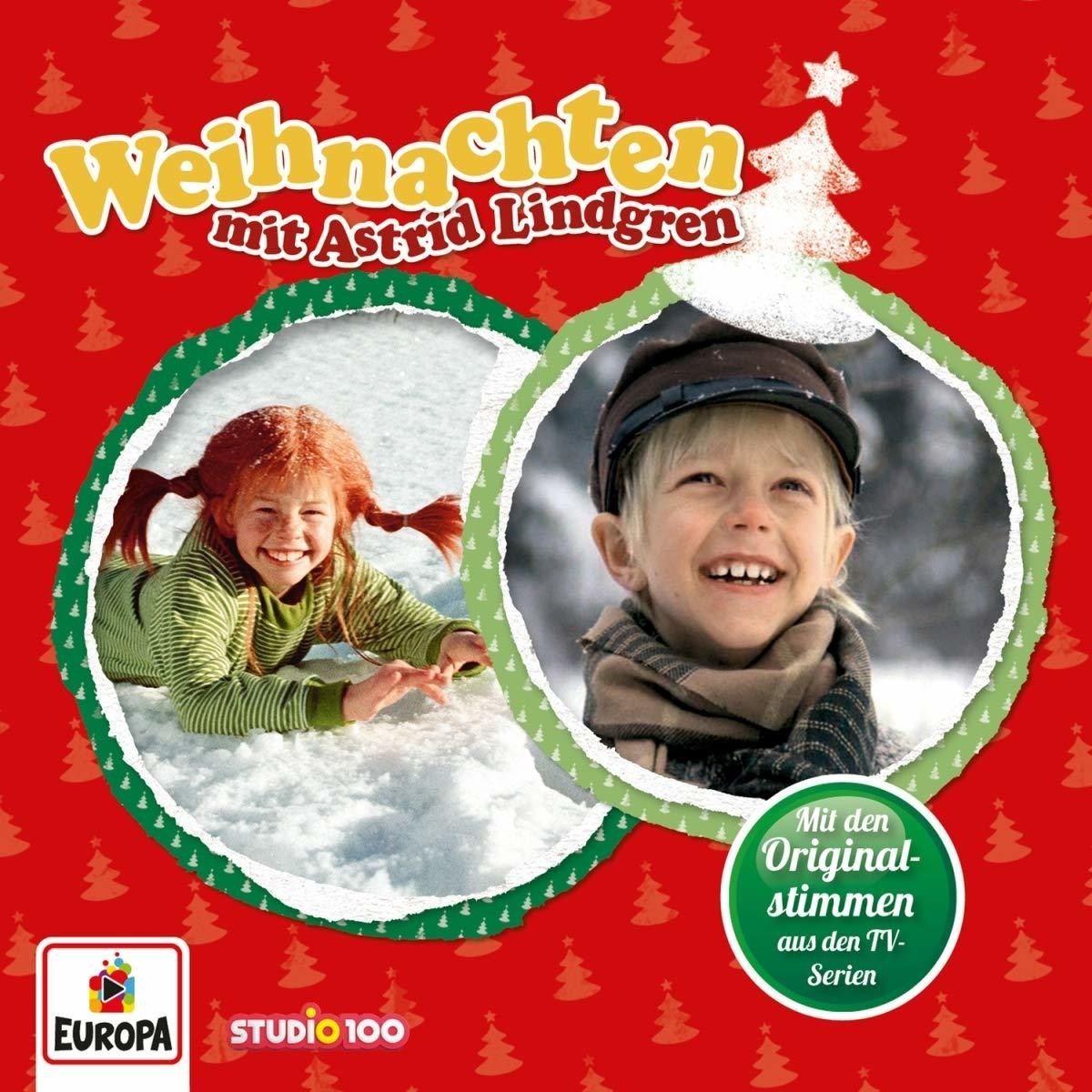 Weihnachtsalbum-Cover. Zwei lächelnde Kinder in Kreisen, roter Hintergrund mit Weihnachtsbäumen. Weißer Text.