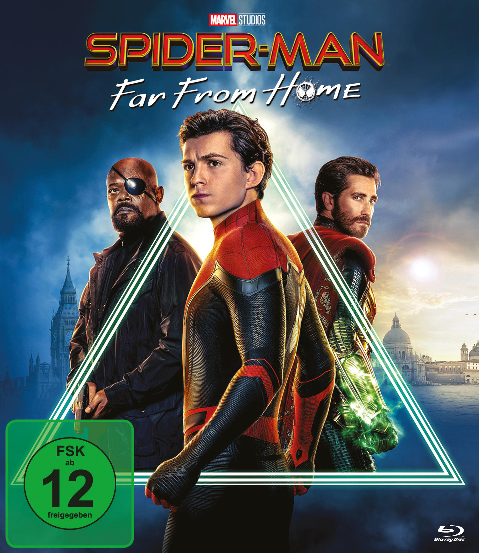 DVD-Cover von 'Spider-Man: Far From Home' mit Spider-Man, Nick Fury und Mysterio.