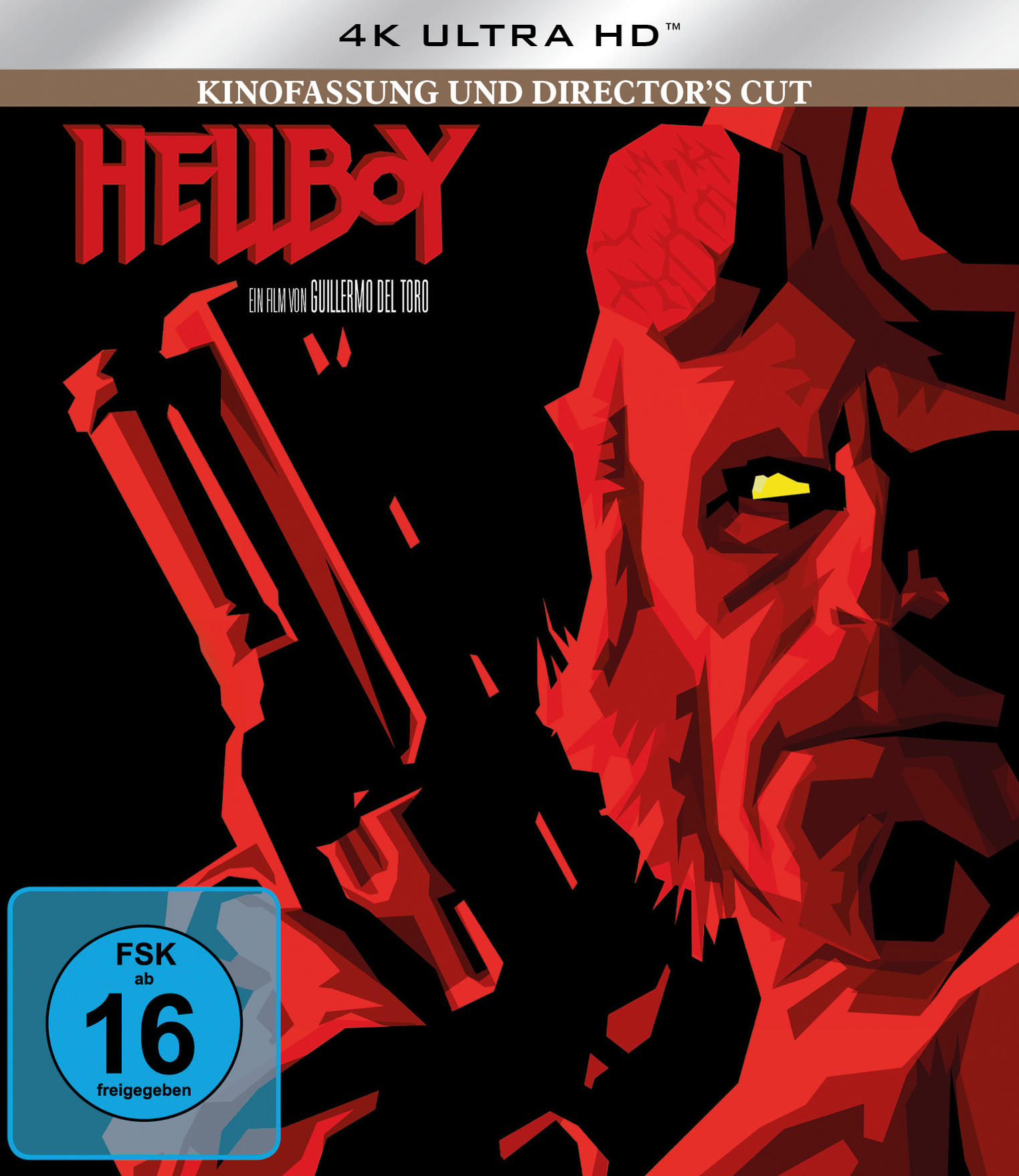 Filmcover für Hellboy, mit einem roten Dämon mit einer Waffe, dem Titel und der Bewertung.