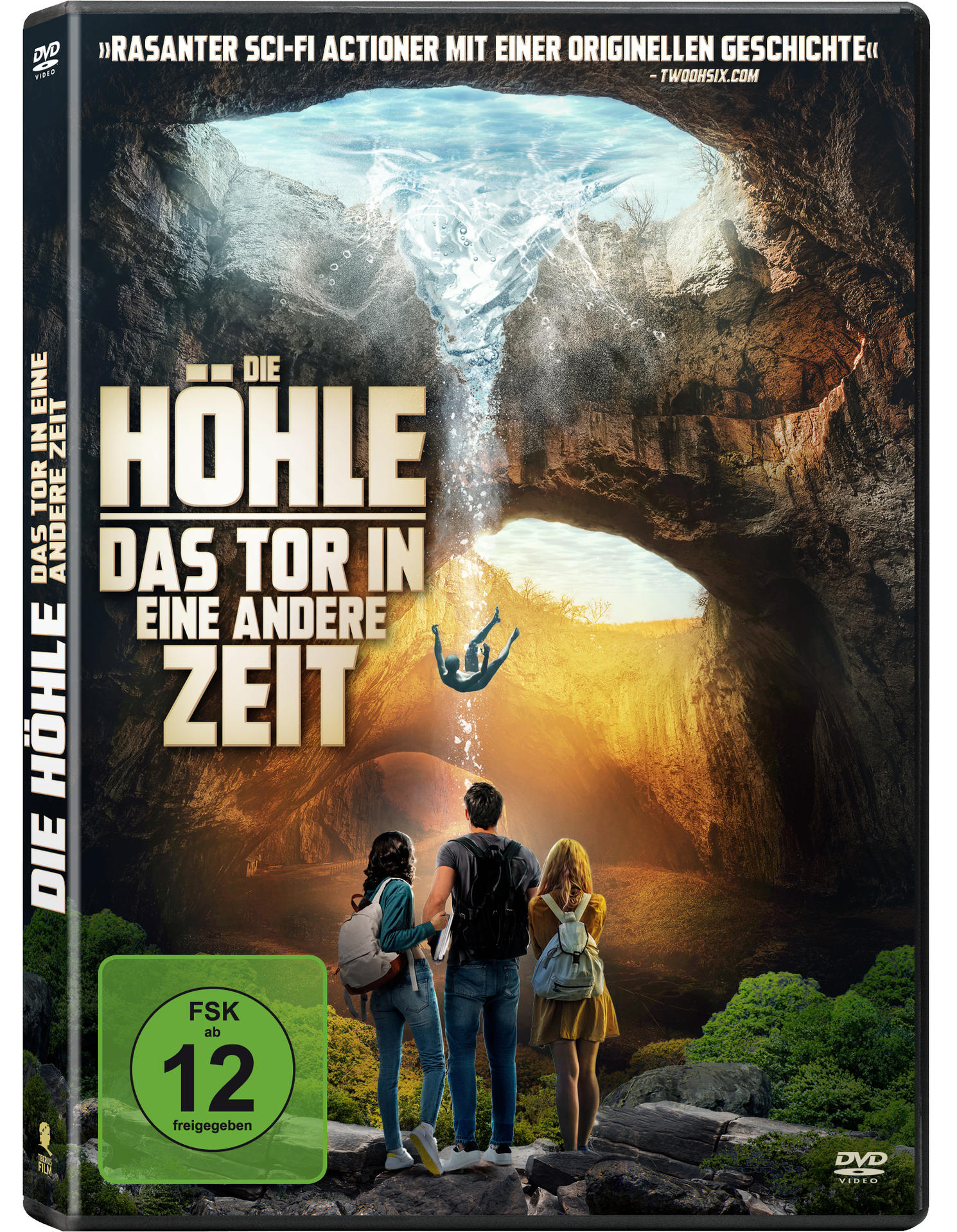 Ein DVD-Cover mit Filmtitel und Schauspielern. Der Hintergrund ist eine Höhle mit Menschen. Die Farben sind dunkel und blau.