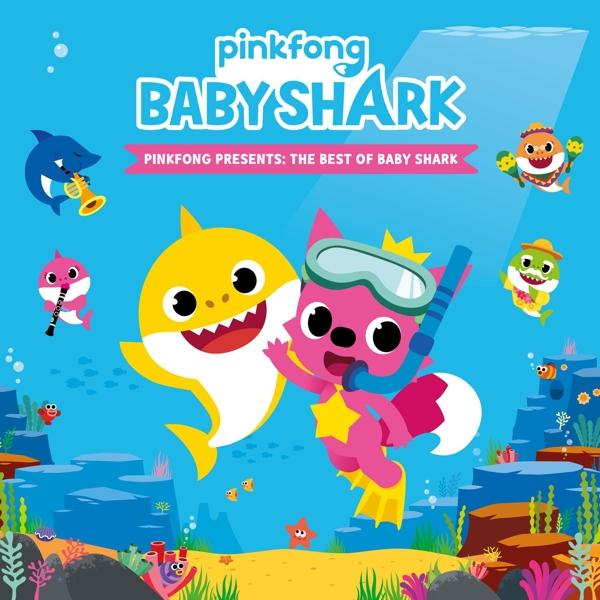 Albumcover, Baby Shark-Charaktere. Gelber Hai, rosa Fuchs, Delfine, Text. Pinkfong präsentiert.