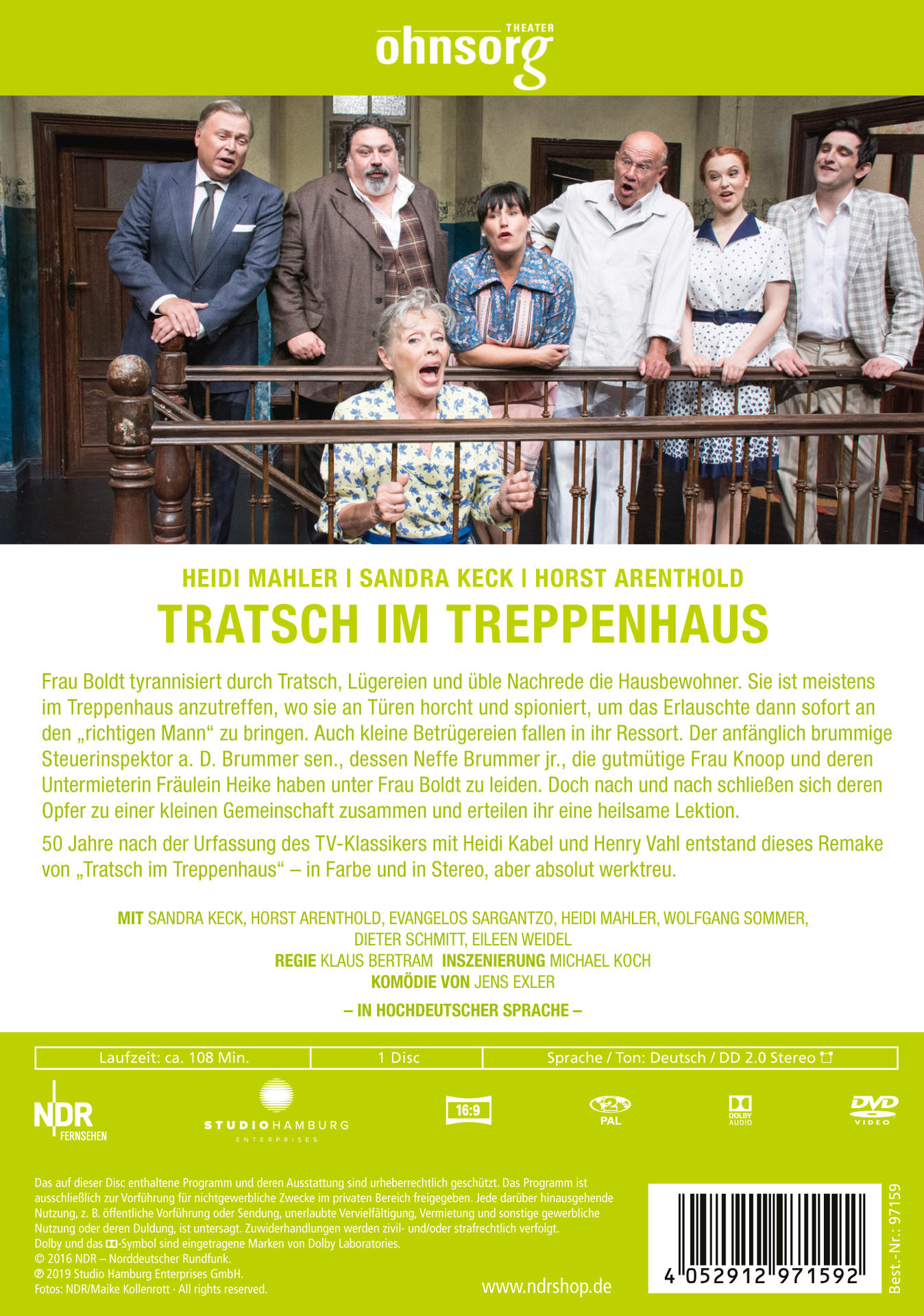 Eine Gruppe von Menschen auf einer Treppe, einige schauen in die Kamera. Text auf der Rückseite einer DVD-Hülle.