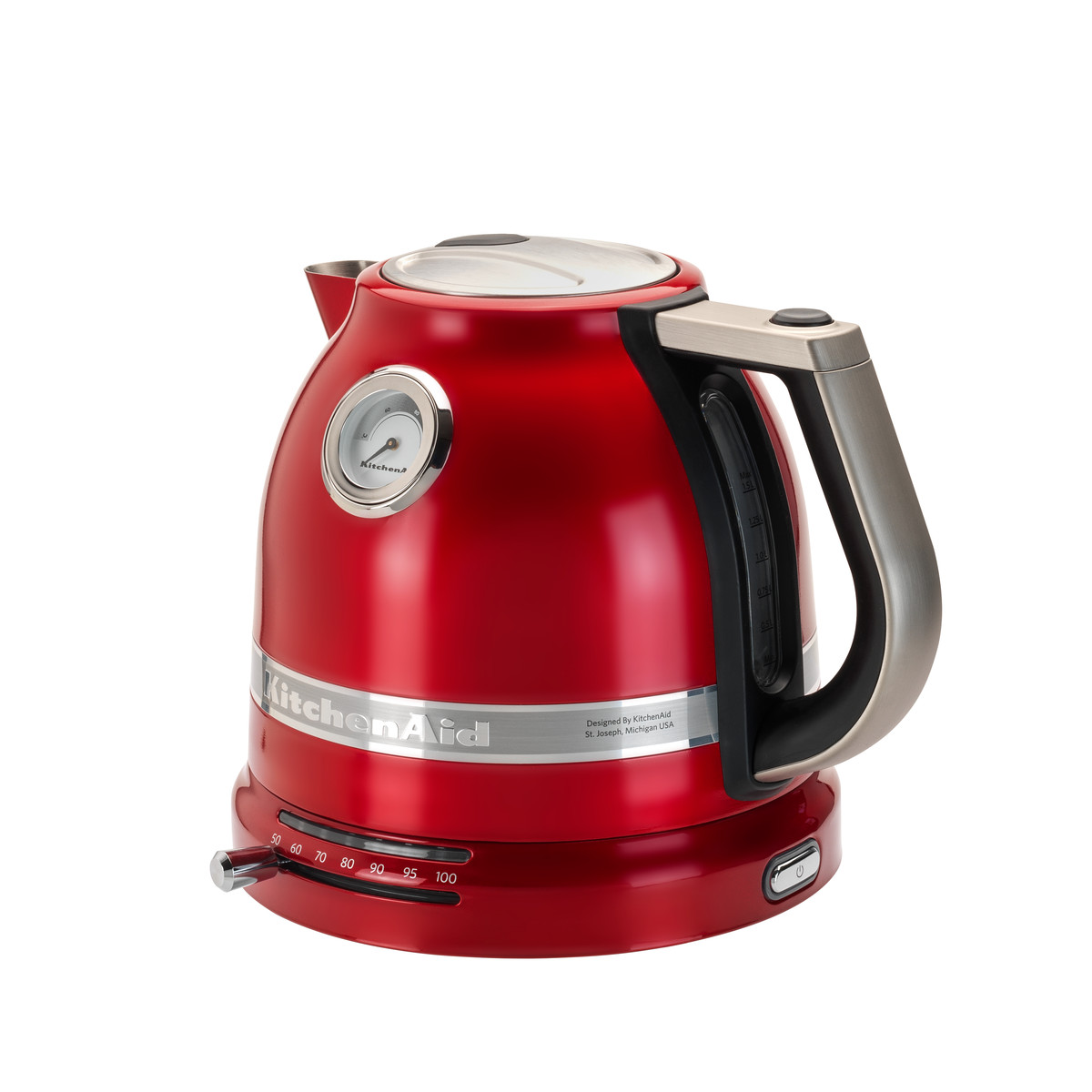Roter KitchenAid-Wasserkocher mit Temperaturanzeige und silberfarbenem Griff. Weißer Hintergrund.