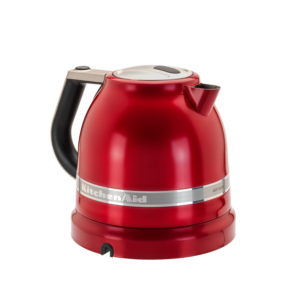 Roter KitchenAid Wasserkocher auf weißer Oberfläche.