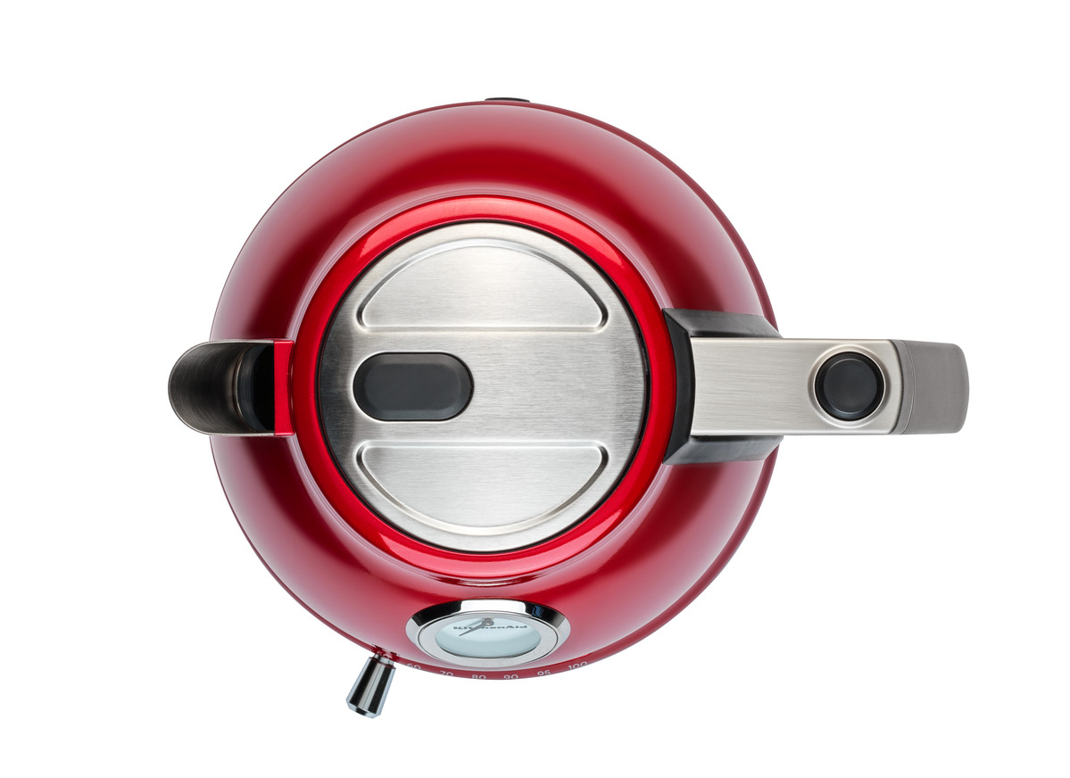 Draufsicht auf einen roten Wasserkocher mit Edelstahl-Deckel und -Griff.