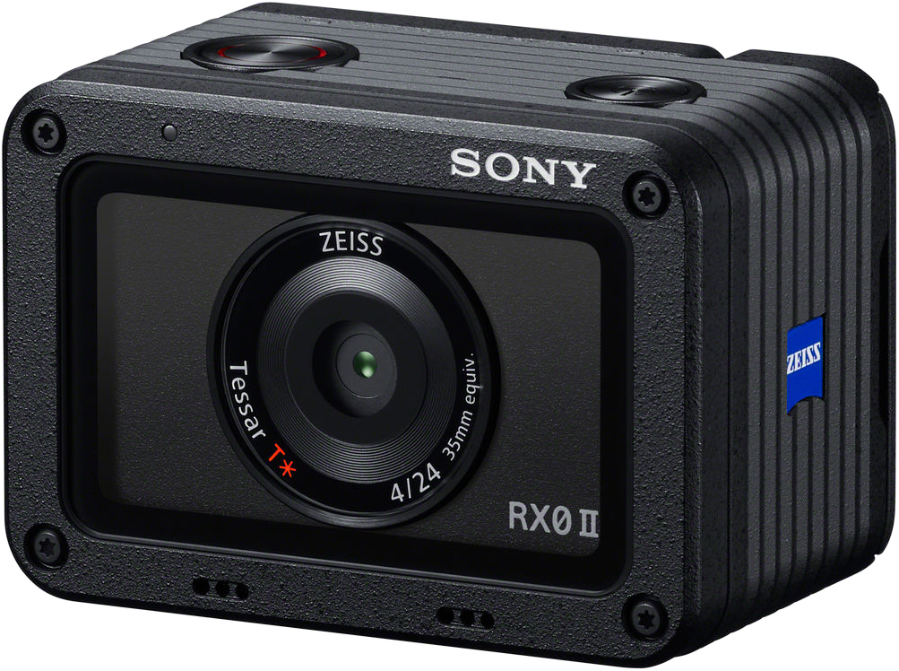 Fekete Sony RX0 II kamera, kicsi és szögletes, Zeiss objektívvel.