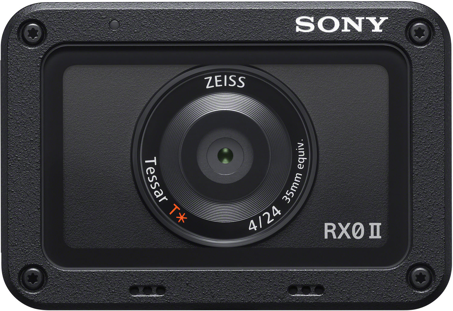 Fekete Sony RX0 II kamera ZEISS objektívvel, középen. A kamera téglalap alakú.