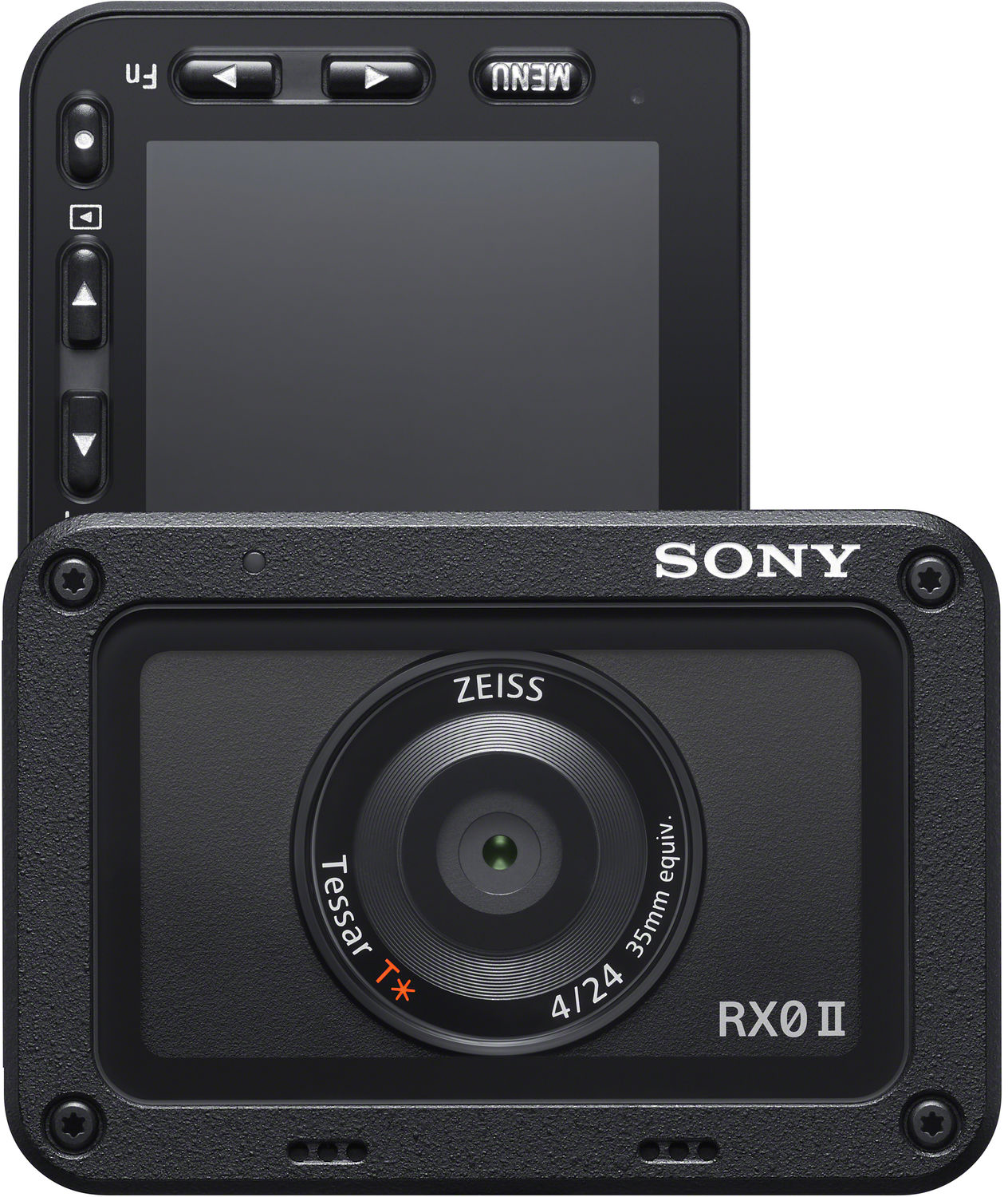 Fekete Sony RX0 II kamera képernyővel a tetején, lencsével elöl, és fekete kerettel a lencse körül.