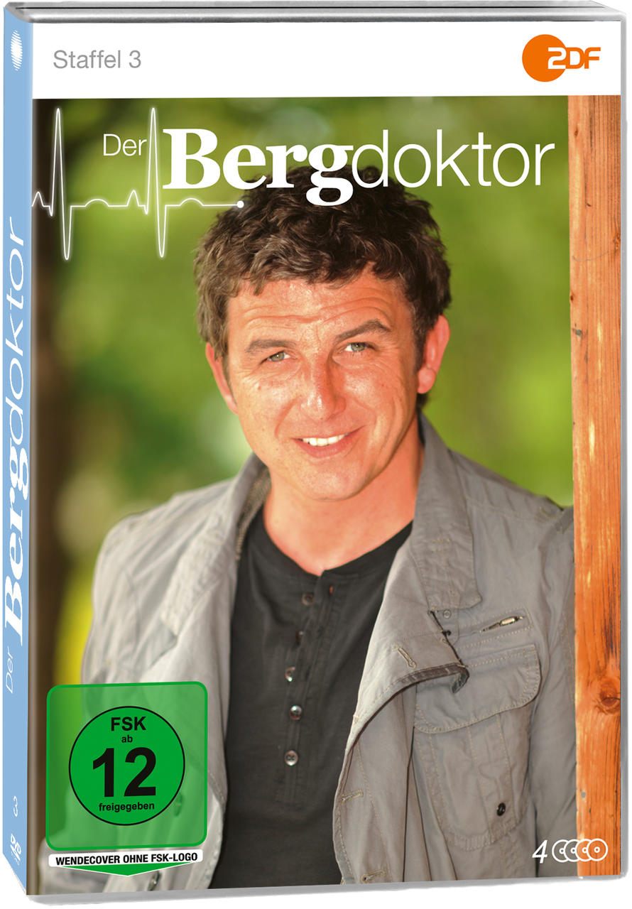 DVD-Cover von 'Der Bergdoktor' Staffel 3. Es zeigt einen lächelnden Mann mit Text und einem grünen FSK-Logo.