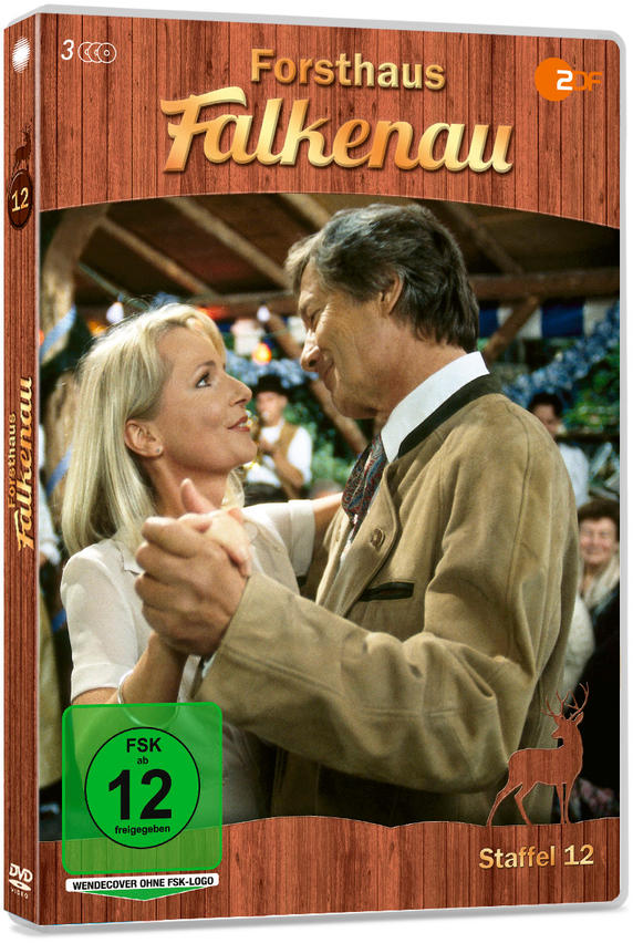 DVD-Hülle für "Forsthaus Falkenau" mit einem tanzenden Paar und Holz Hintergrund.