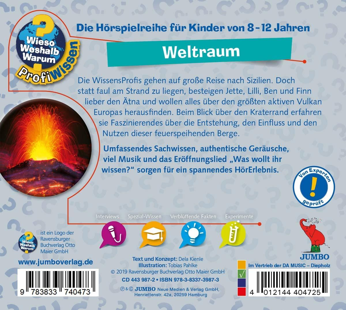 Die Rückseite eines Kinderbuchs. Es hat ein Bild eines Vulkans und Text.