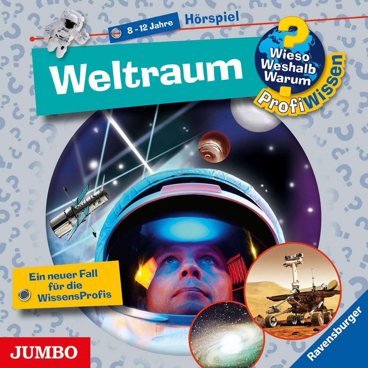 Buchcover über den Weltraum, zeigt einen Astronauten und Weltraumobjekte.
