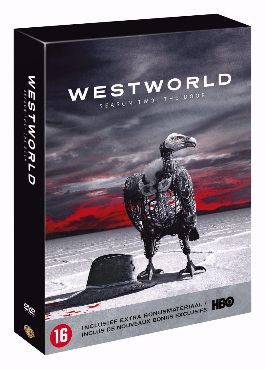Westworld DVD box. A vulture-like figure on a desert landscape. Text in white on a black background.