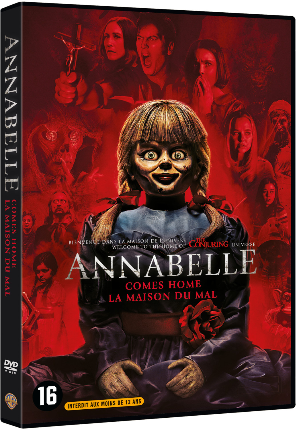 Boîtier DVD du film Annabelle, avec une image de la poupée et d'autres personnages d'horreur.