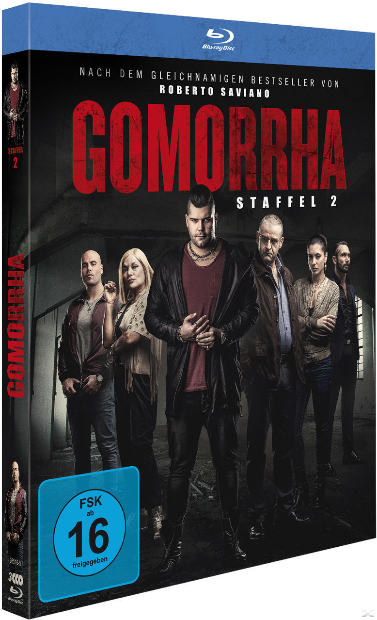 Gomorrha Staffel 2 DVD-Cover mit Schauspielern, Titel und Altersbeschränkung. Dunkle, stimmungsvolle Umgebung.