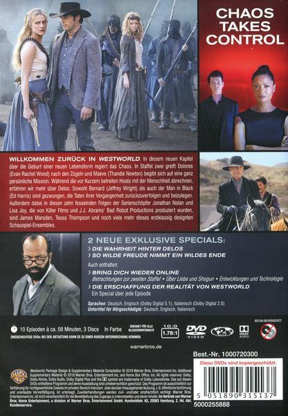 Rückseite einer DVD-Hülle für die Fernsehserie Westworld, mit Schauspielern und Details der Sendung.