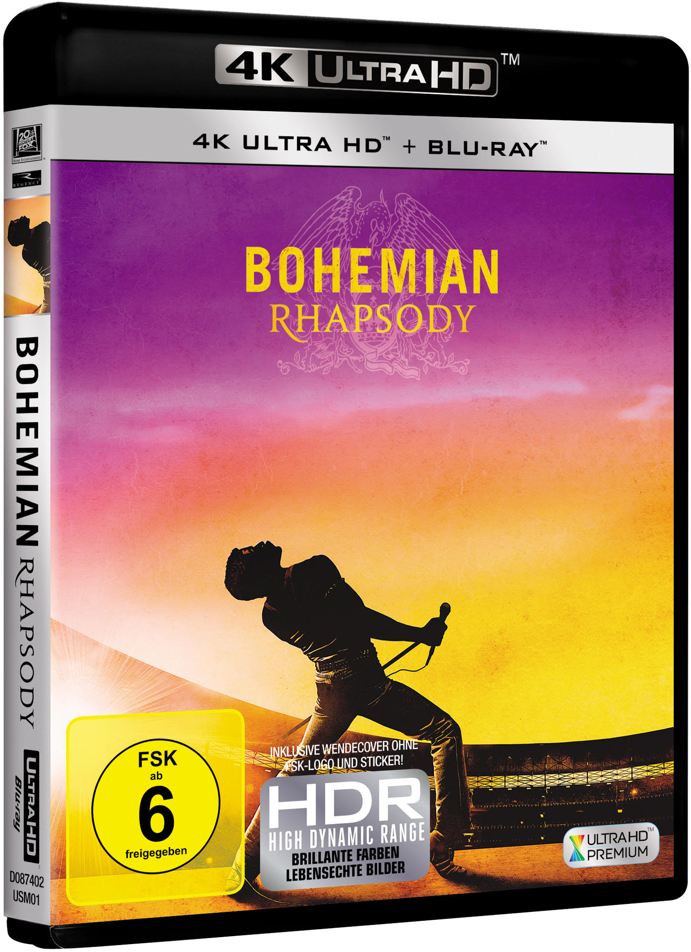 Bohemian Rhapsody Blu-ray-Hülle mit einer Person auf dem Cover. Der Hintergrund ist farbig.