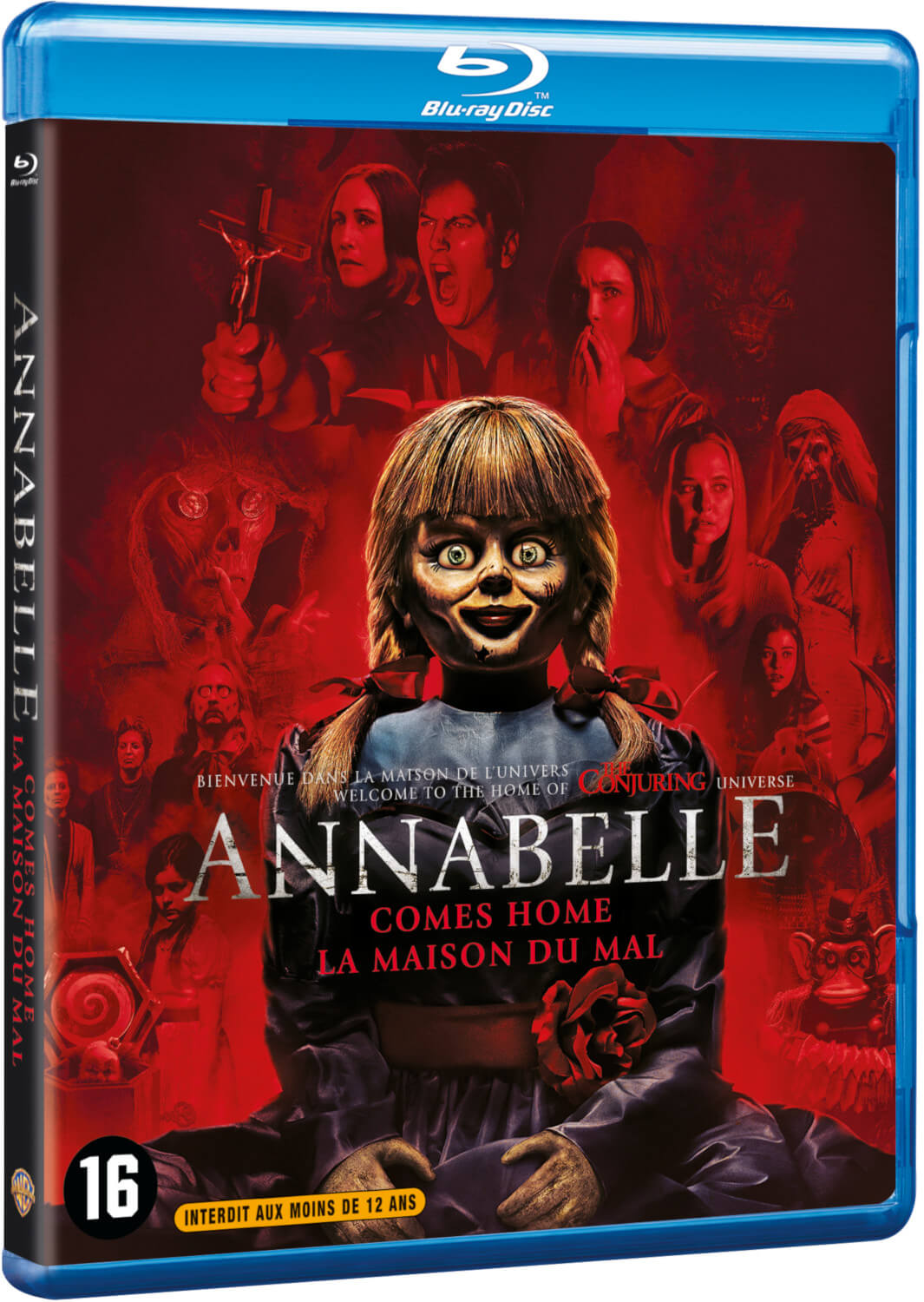 Blu-ray disc cover with Annabelle doll, horror movie title, and images of characters.