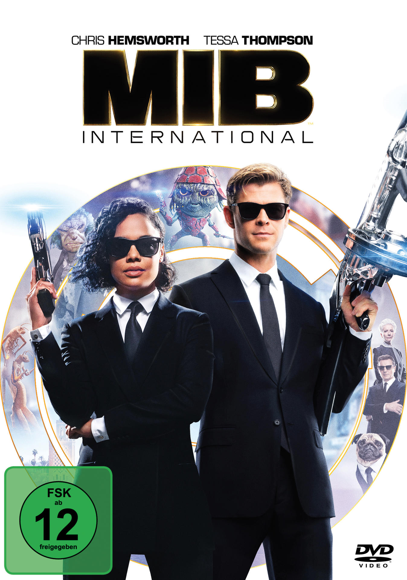 Filmcover. Zwei Personen in schwarzen Anzügen, Text: MIB INTERNATIONAL.
