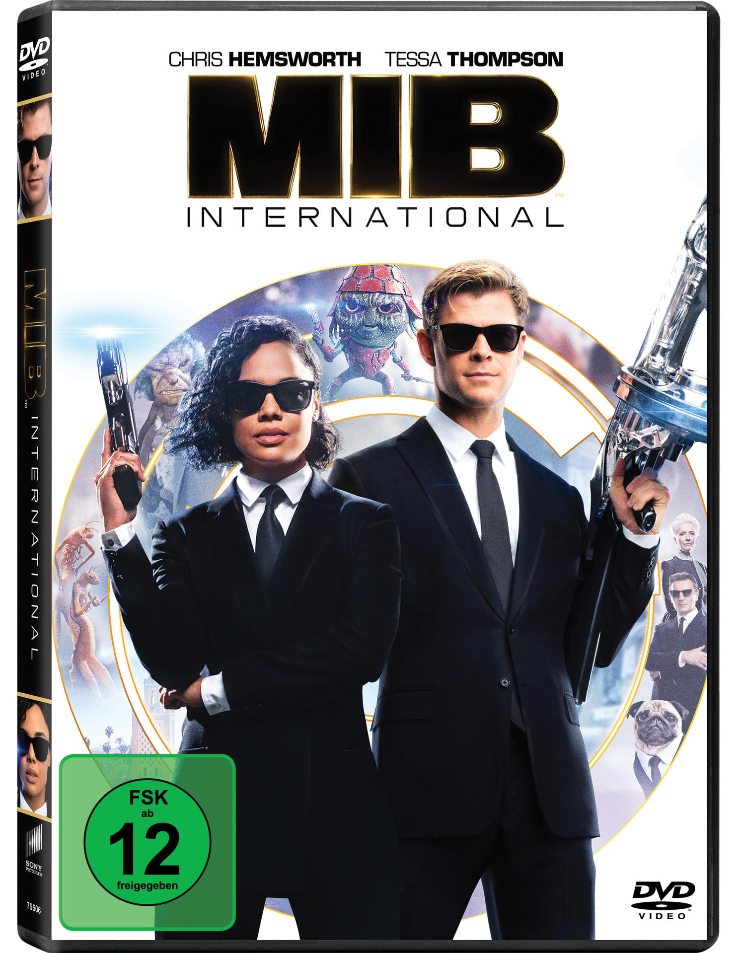 DVD-Hülle für "MIB International" mit Chris Hemsworth und Tessa Thompson in schwarzen Anzügen.