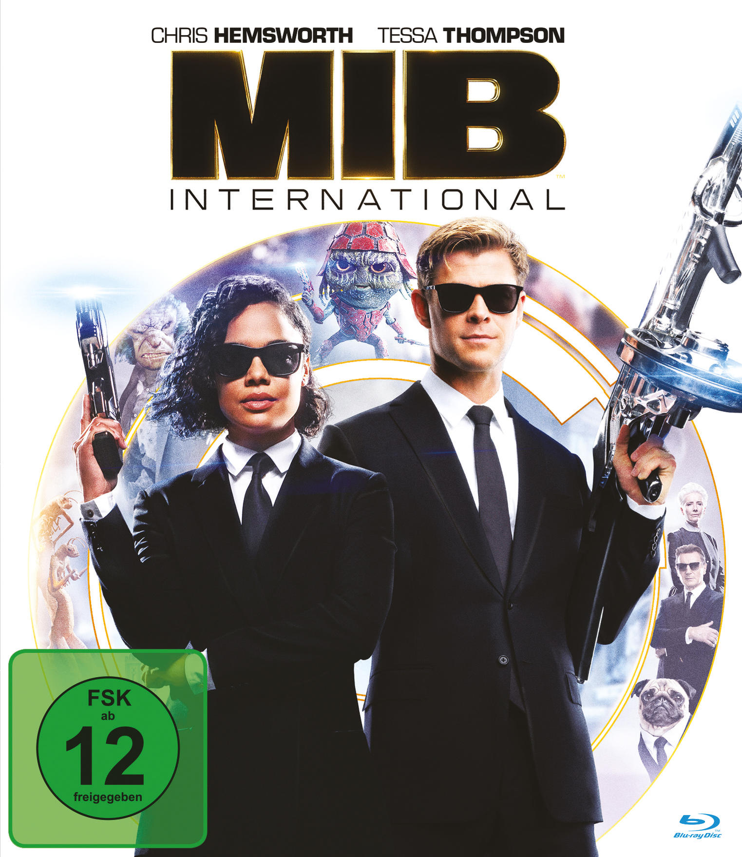 Zwei Personen in schwarzen Anzügen mit Waffen, Filmplakat für MIB International.