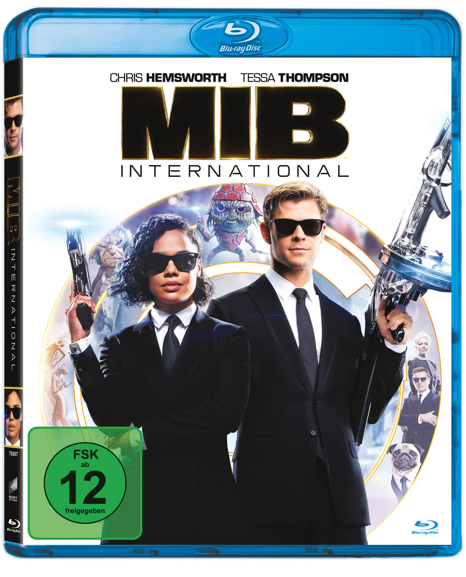 Filmcover: Zwei Personen in schwarzen Anzügen und Sonnenbrillen, die Waffen halten. Der Titel lautet "MIB International".