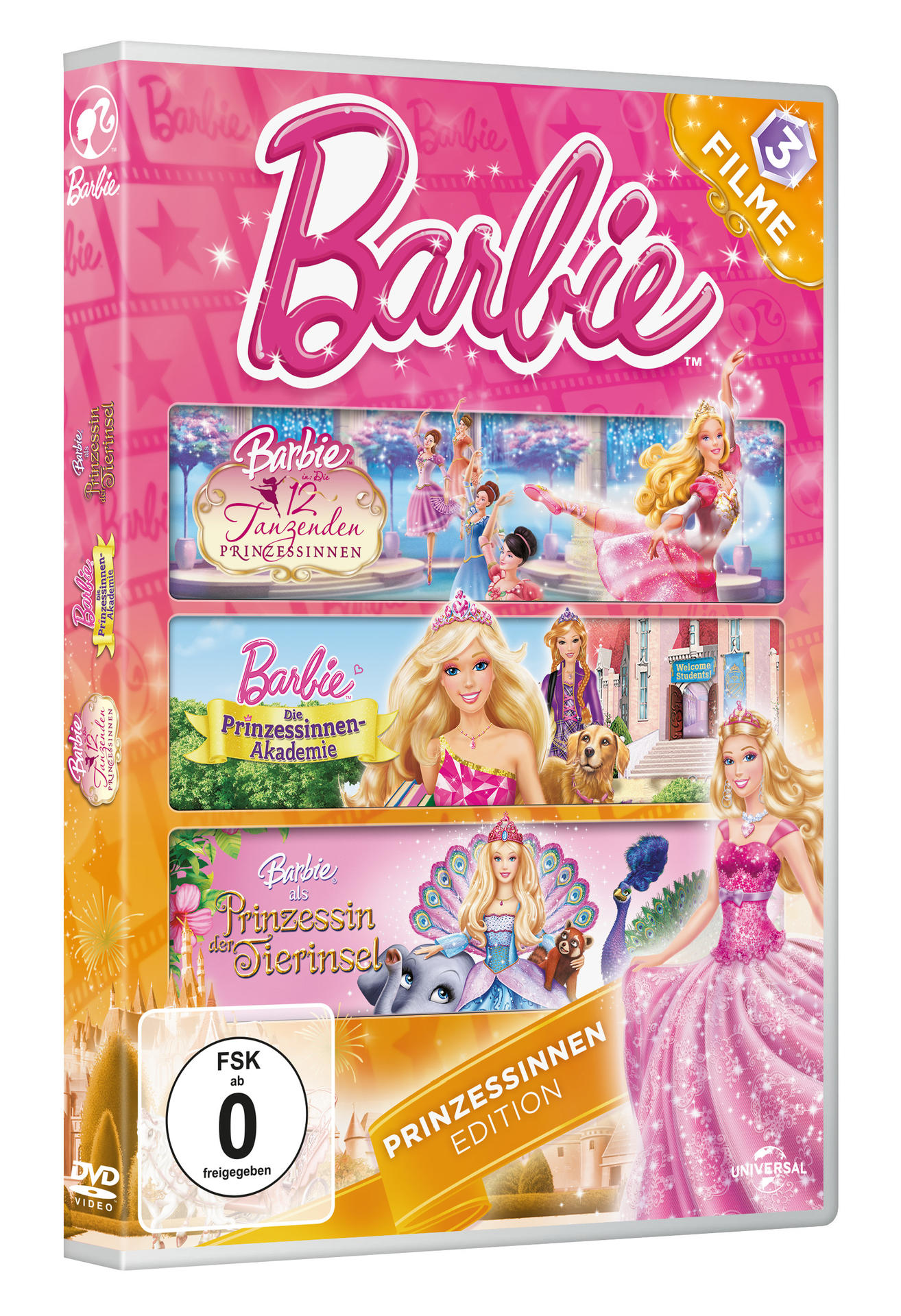 DVD-Hülle mit Barbie-Filmen. Pinker Hintergrund, Barbie-Bilder.