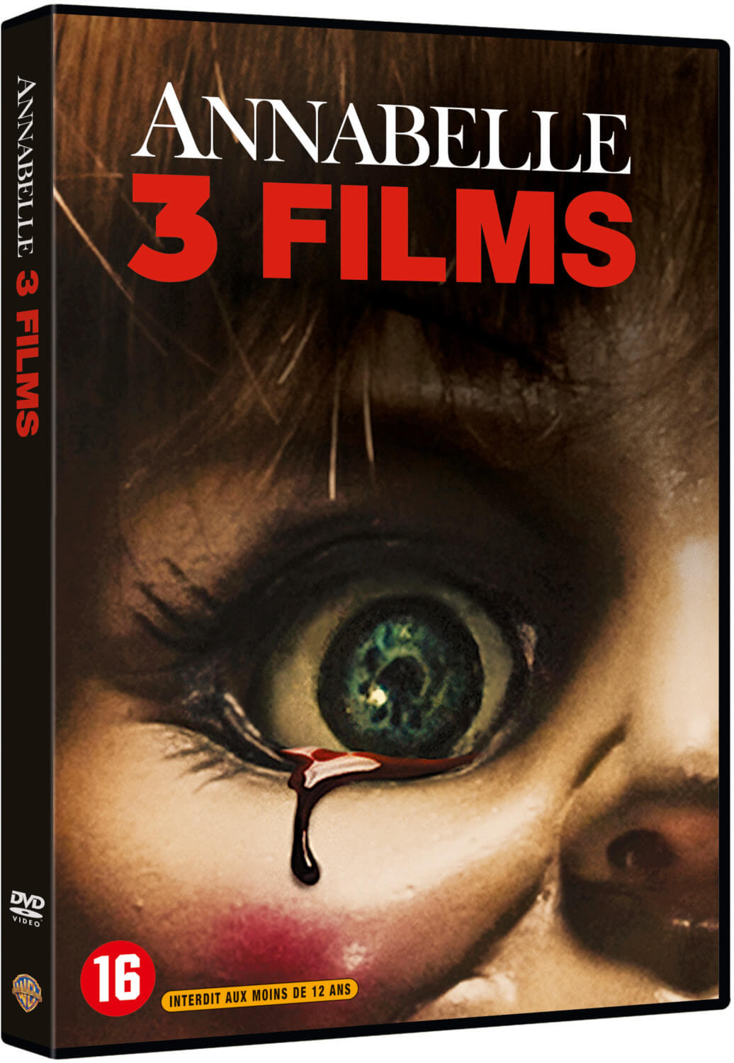 DVD cover: Annabelle 3 Films. Close-up of a doll's eye with blood drops.