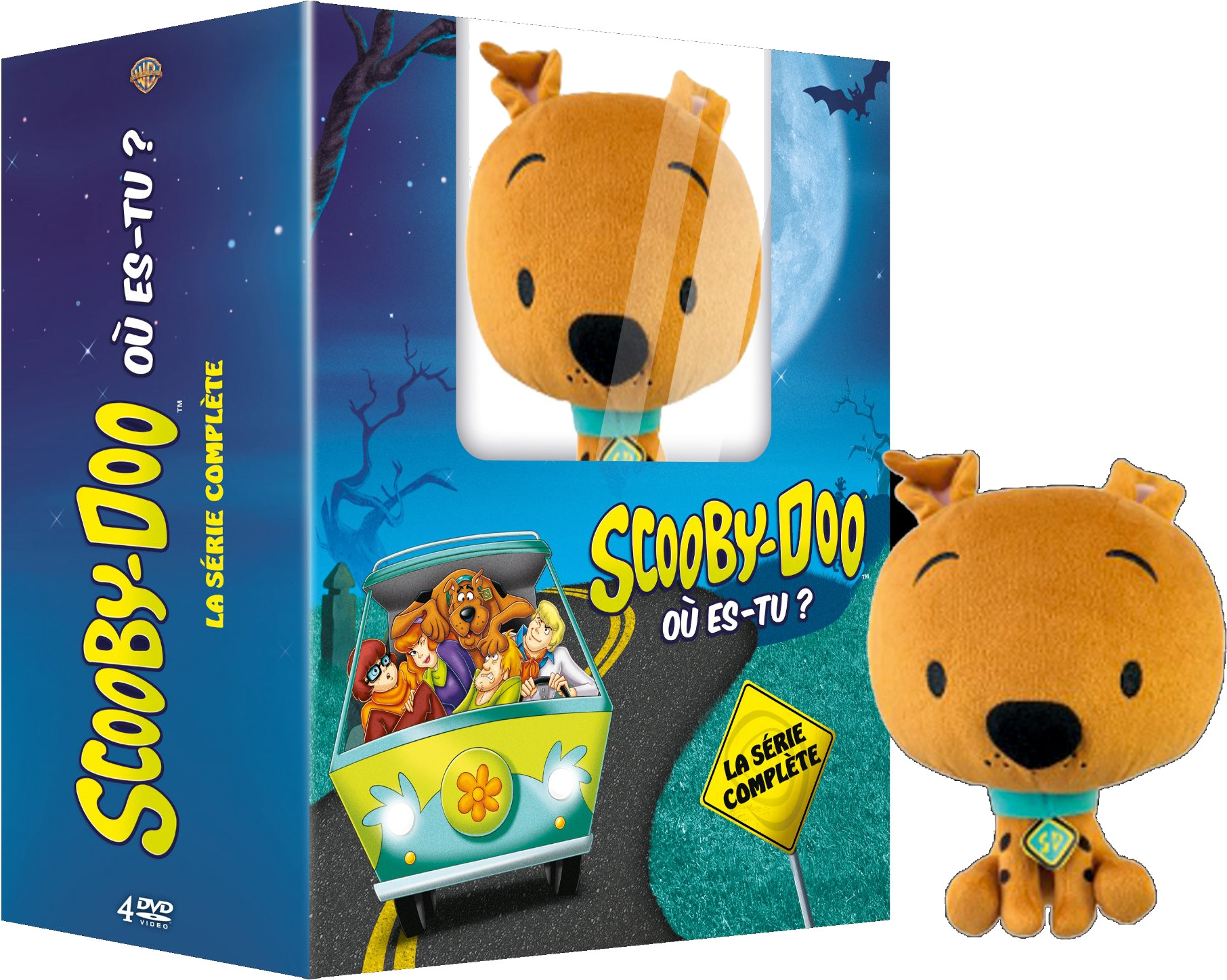 Coffret Scooby-Doo avec peluche Scooby-Doo. La Mystery Machine est montrée avec la bande.