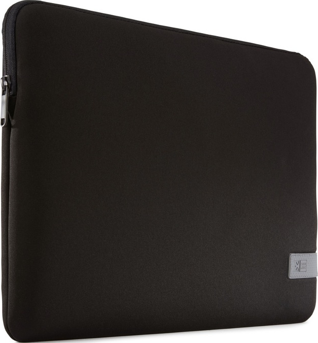 Schwarze Laptoptasche mit kleinem grauem Logo.