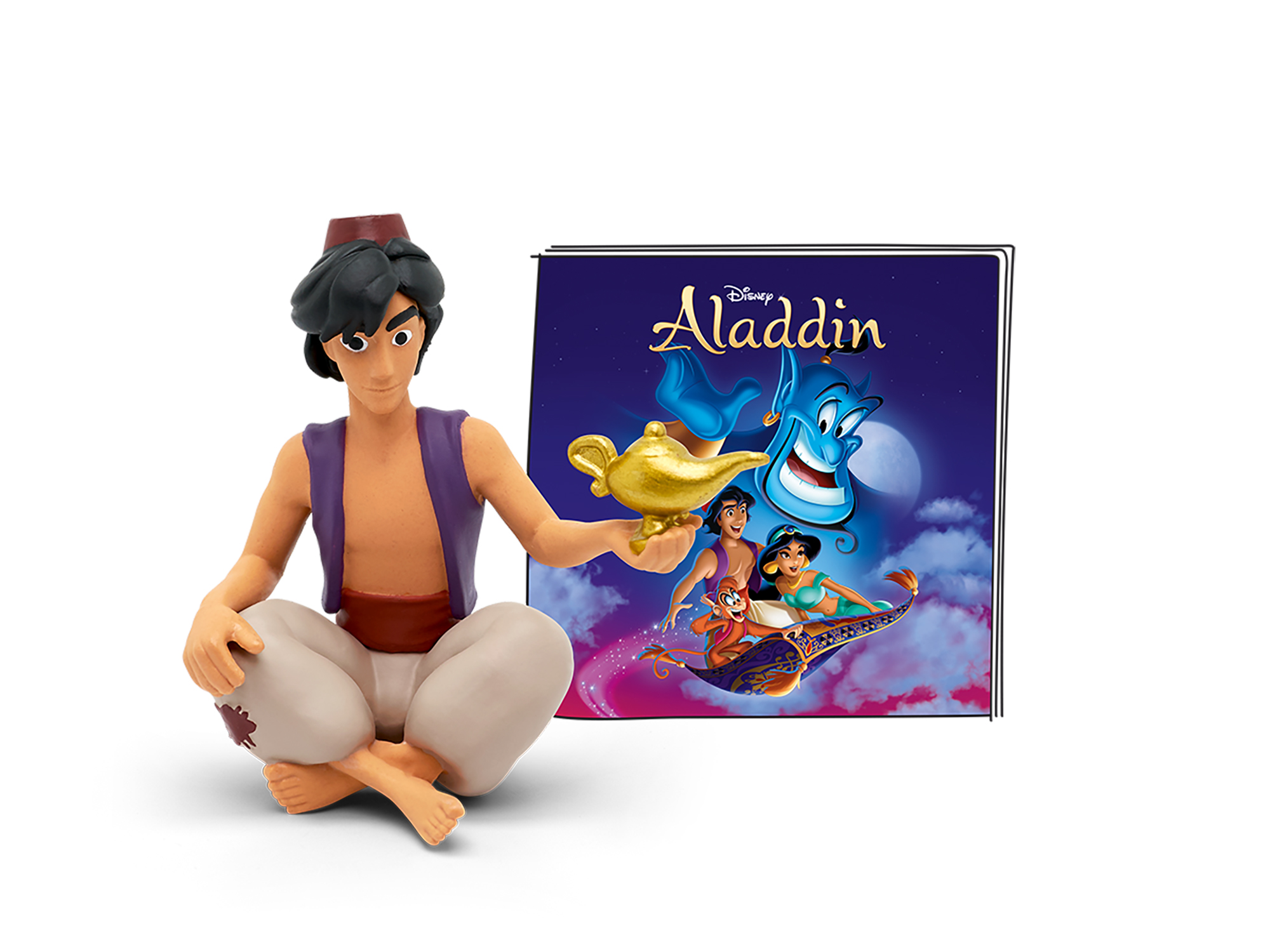 Aladdin-Figur mit einem Buch, das Aladdin, Dschinni und Jasmin auf einem fliegenden Teppich zeigt.