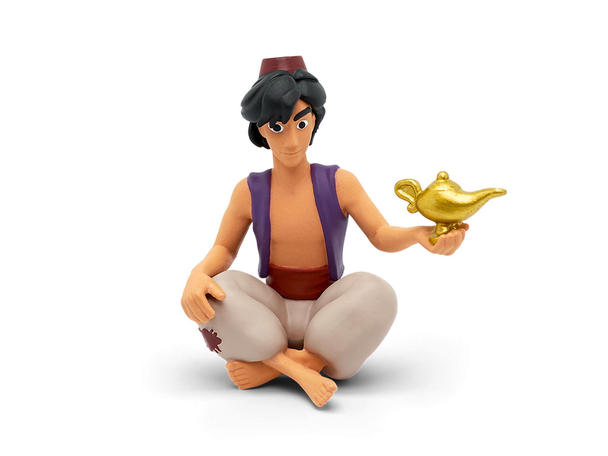 Aladdin-Figur, die im Schneidersitz sitzt, eine goldene Lampe hält und lila und beige Kleidung trägt.