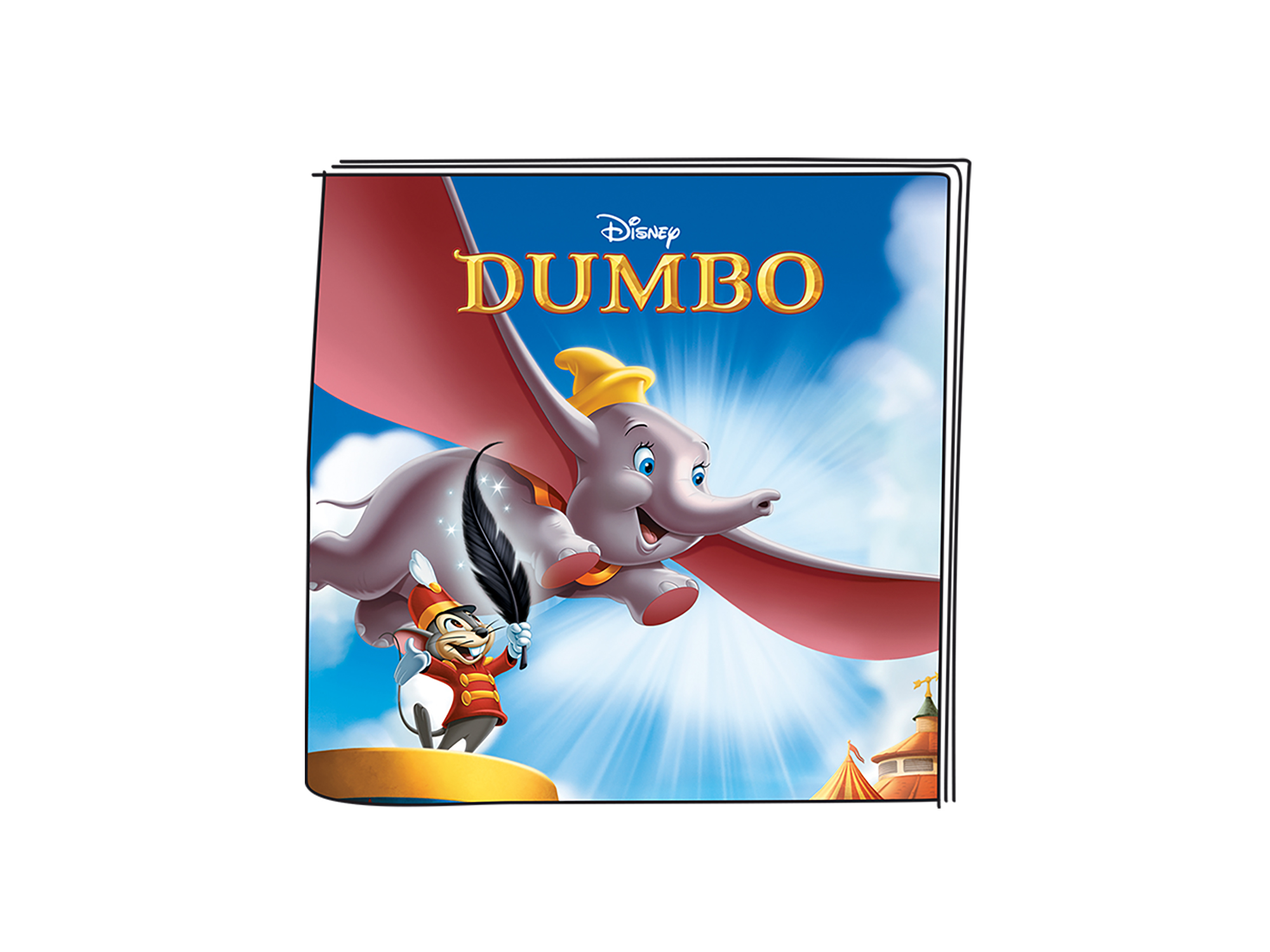 Dumbo-Filmcover: Elefant fliegt, mit kleiner Maus und Himmelsgrund.