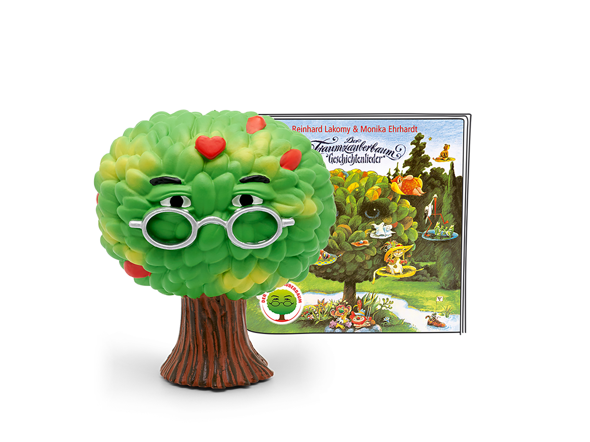 Eine grüne Baumfigur mit Brille, neben einem Buch mit einer Baumszene.