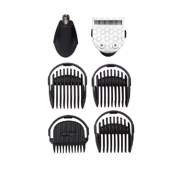 Juego de accesorios negros para recortadora de pelo, incluido un recortador nasal y protectores.