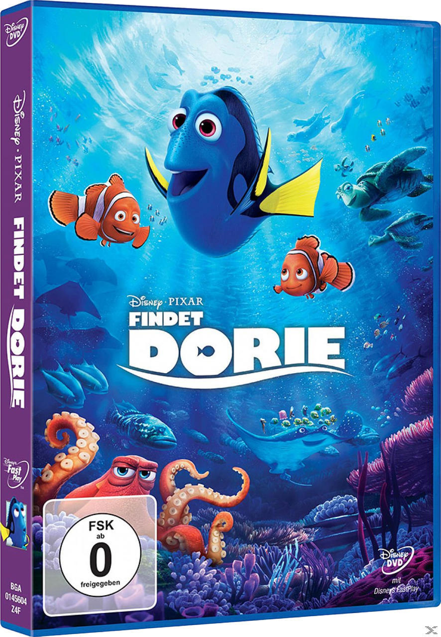 Findet Dorie DVD-Hülle. Zeigt Dorie und Nemo, die in einer Unterwasserszene schwimmen, mit Text auf Deutsch.