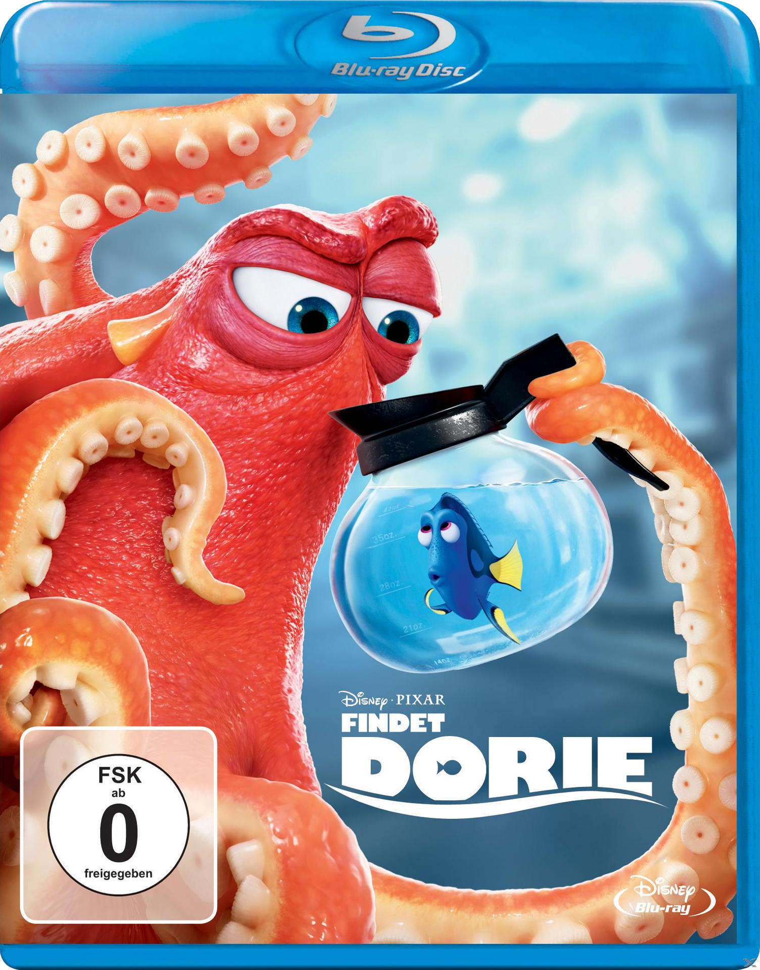 Findet Dorie Blu-ray Disc. Blaue Hülle mit Pixar-Charakteren, Dorie und Oktopus. Deutscher Text.