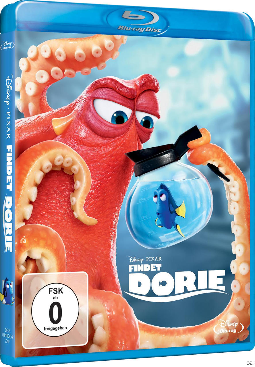 Findet Dory Blu-ray Disc. Oktopus hält ein Glas mit Dory. Blaues Gehäuse.