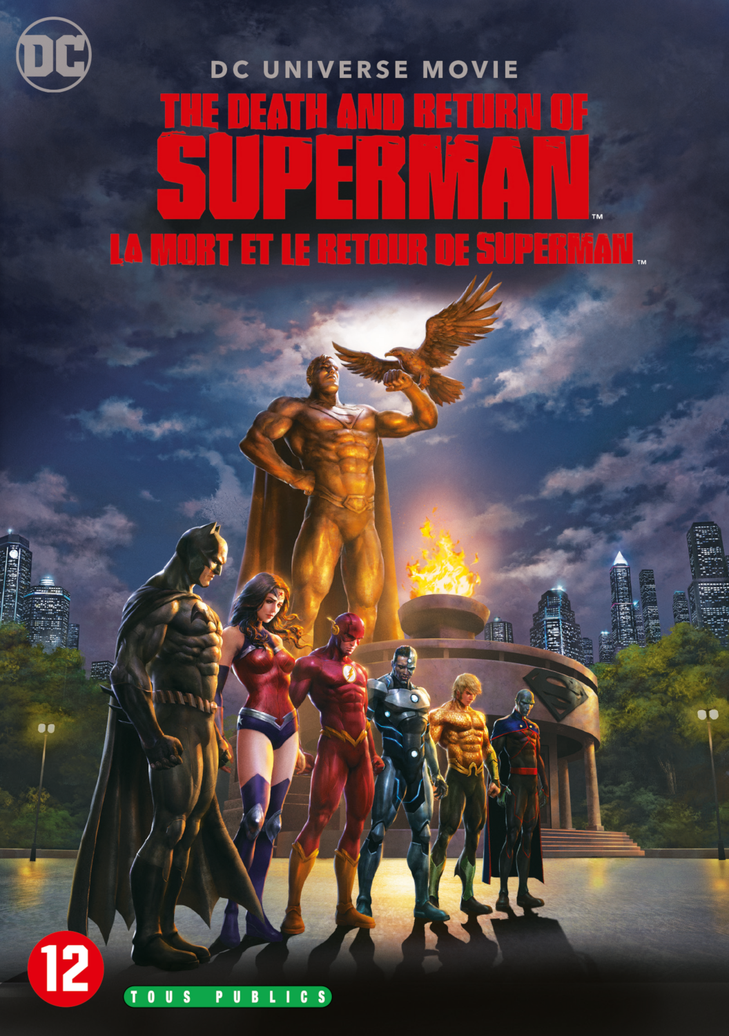 Affiche du film DC Universe: Superman et d'autres héros dans une ville avec du feu.
