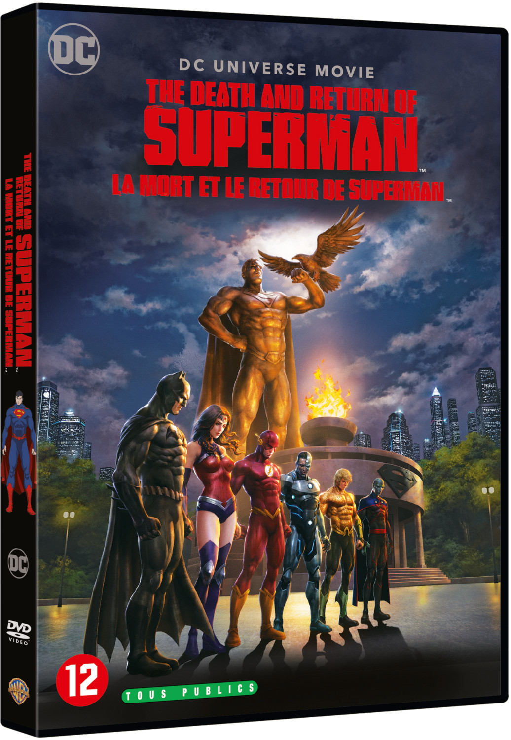 Couverture du DVD de The Death and Return of Superman. Comprend un groupe de héros et une statue de Superman.