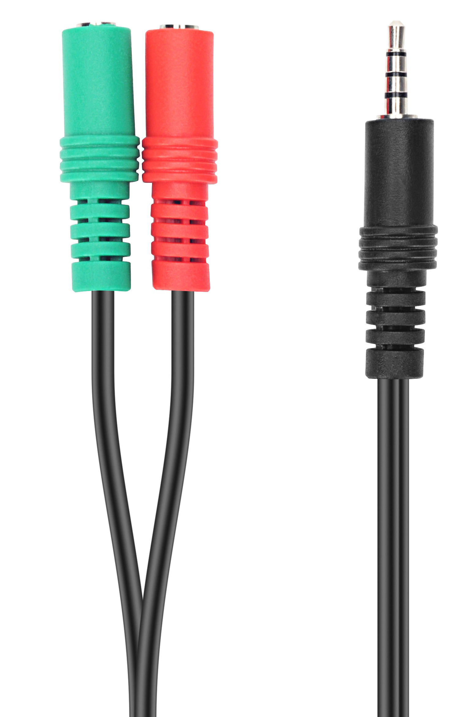 Zwei Audioadapterkabel. Eines ist grün und rot, das andere hat einen schwarzen Stecker.