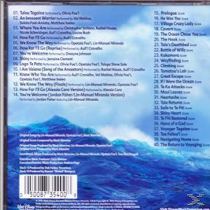 Dos du CD de Moana avec liste des pistes et crédits, graphique de paysage océanique.