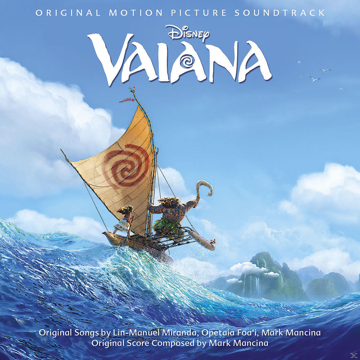 Couverture du film Moana. Un bateau avec des personnages naviguant sur les vagues sous un ciel bleu nuageux.