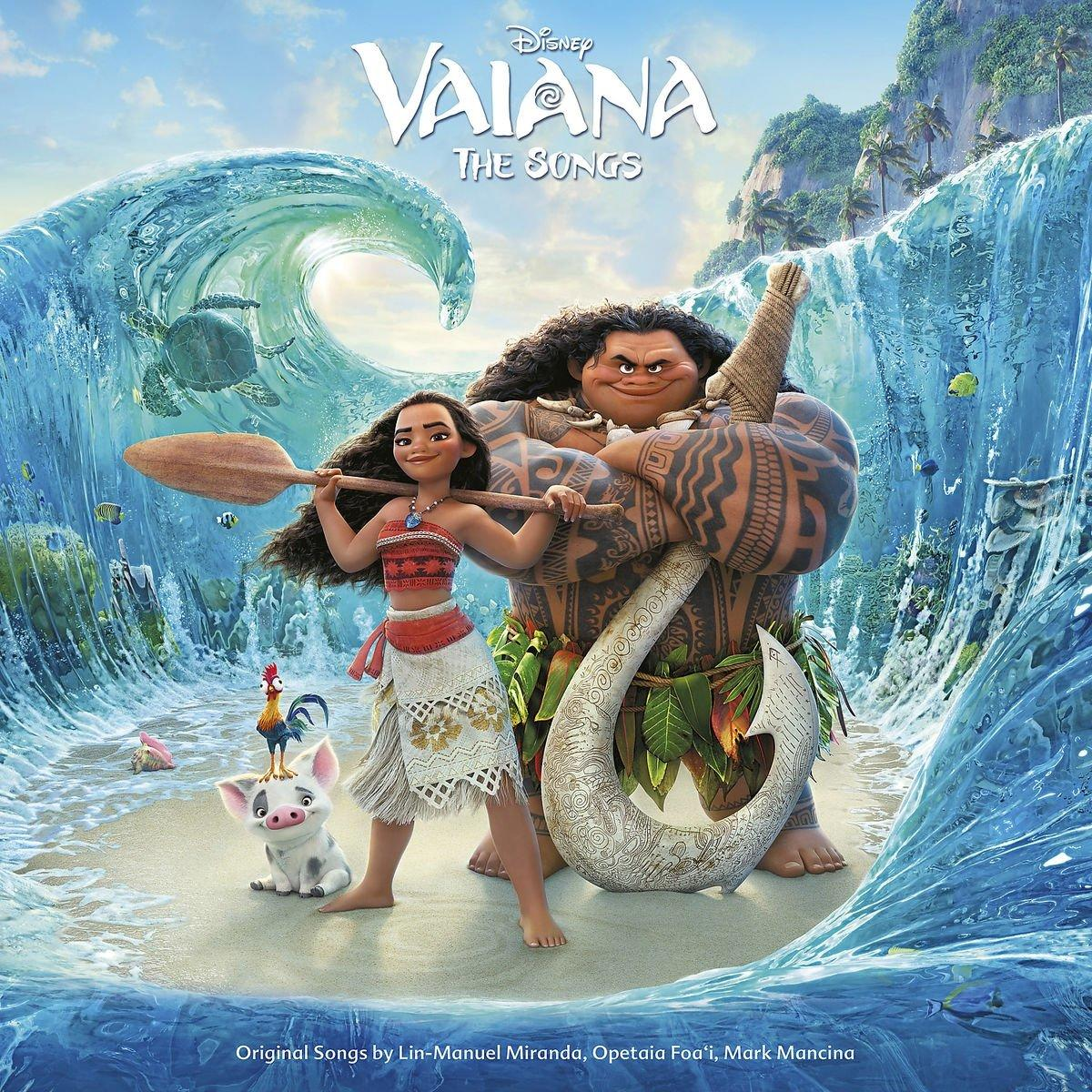 Vaiana: The Songs Cover. Charaktere Vaiana, Maui und weitere Charaktere in einer Meereswelle.