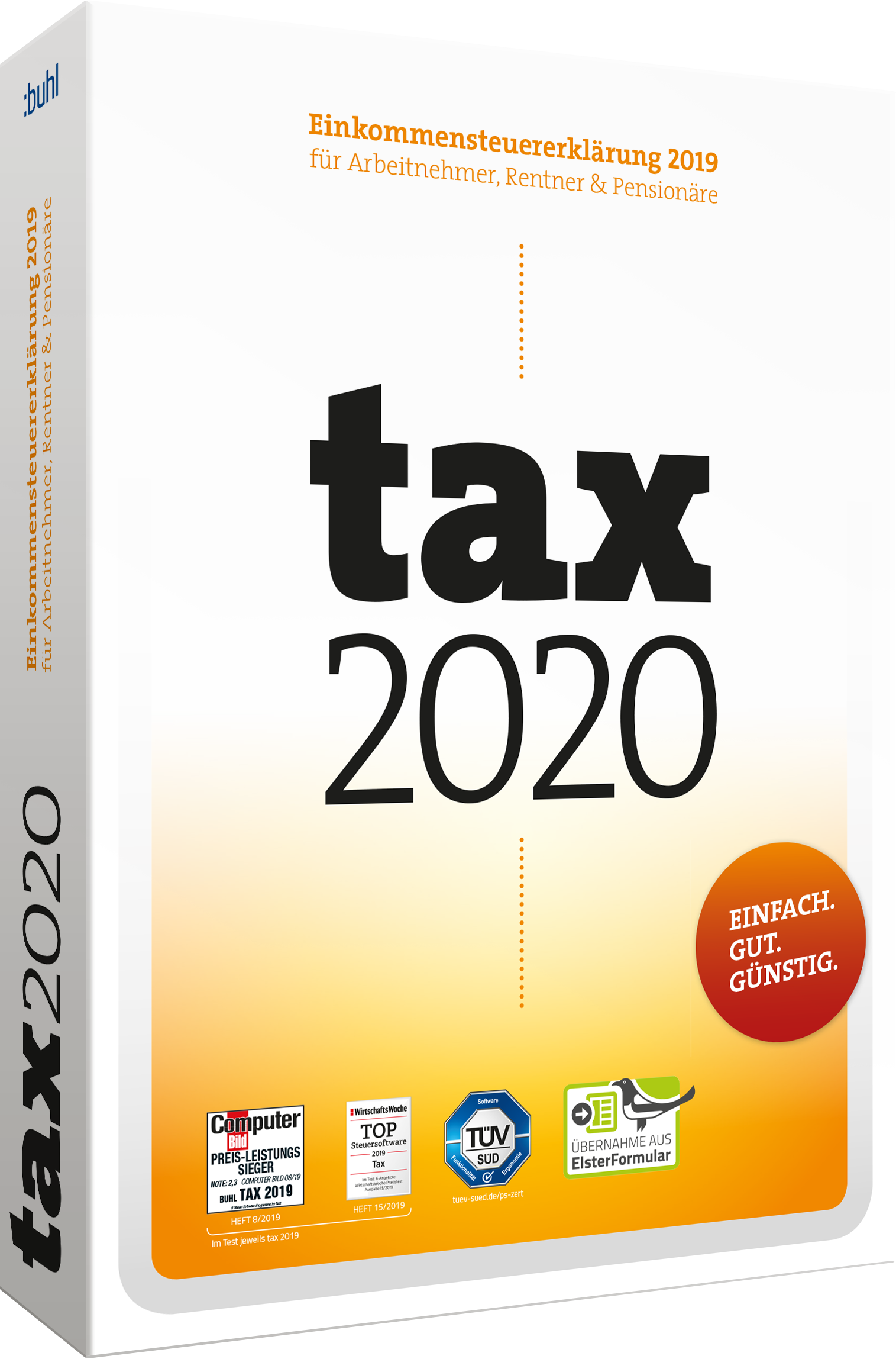 Ein weißes Buch mit dem Titel 'Steuer 2020', Auszeichnungen und dem Text 'Einfach. Gut. Günstig'.
