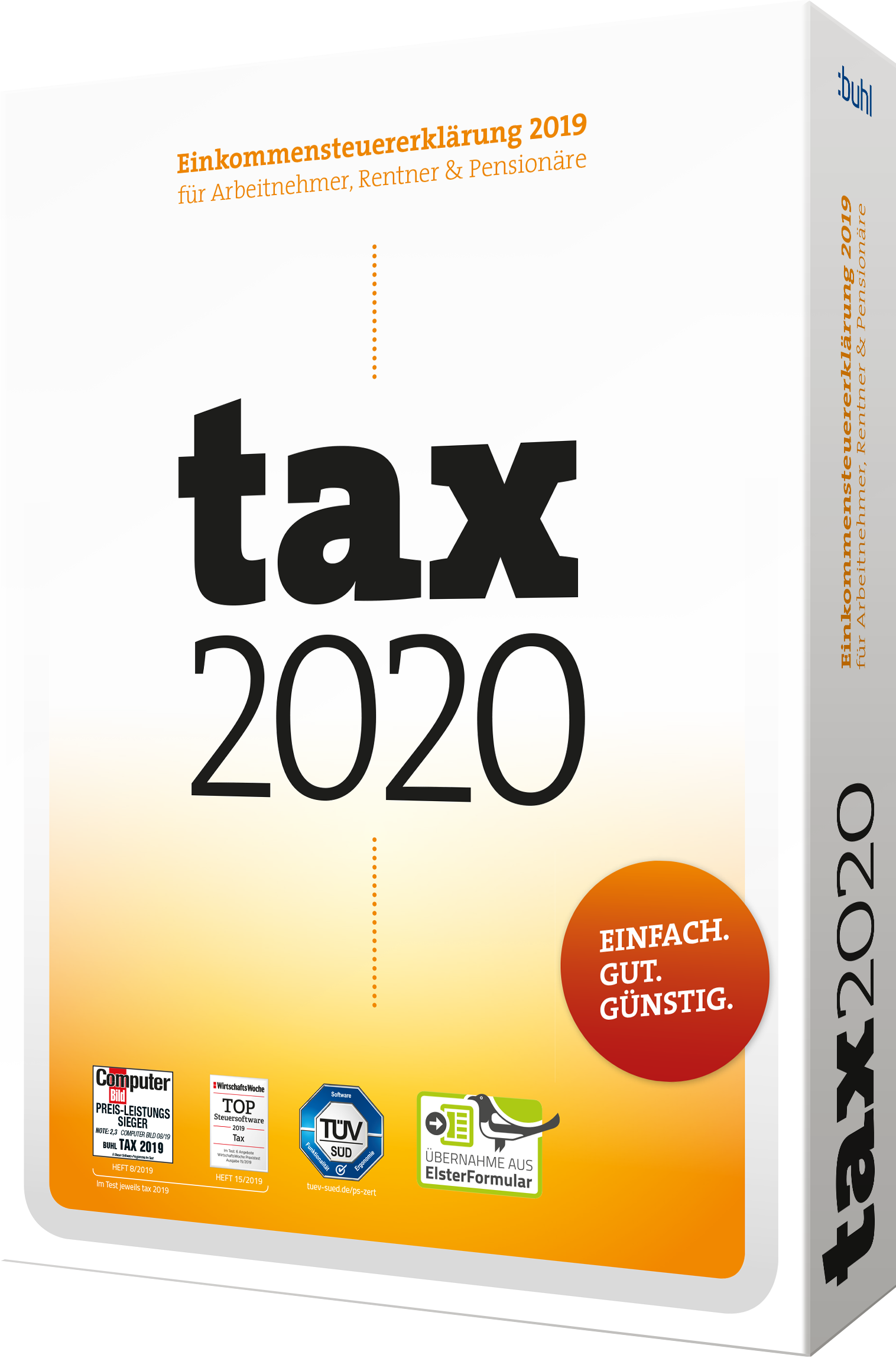 Tax 2020 Softwarebox mit Logos und einem Slogan. Die Box ist weiß mit schwarzem und orangefarbenem Text.